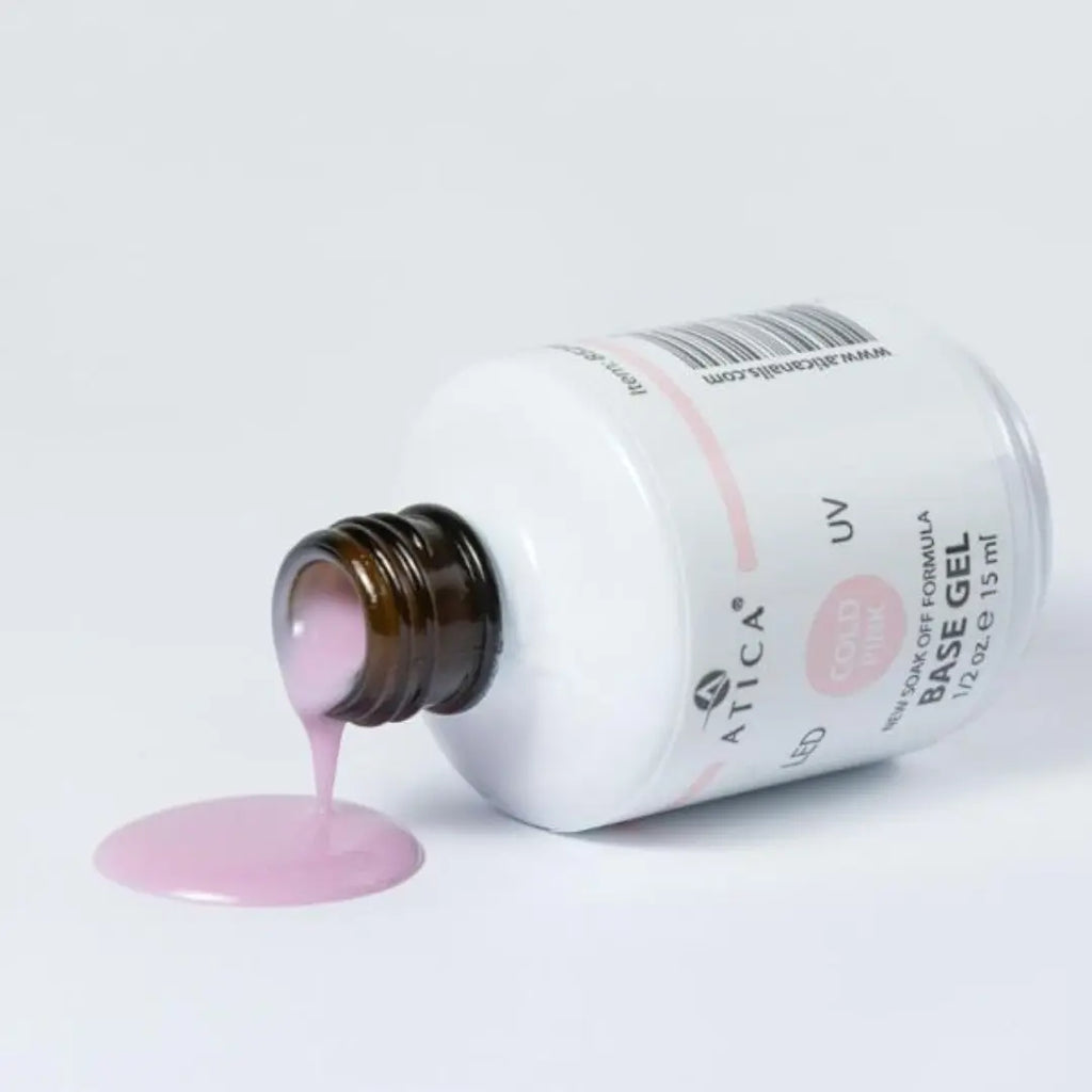 Atica Cold Pink Camouflage Base 15ml – rubber base coat, smooths imperfections, glossy finish, long-lasting, non-yellowing, strengthens nails.
