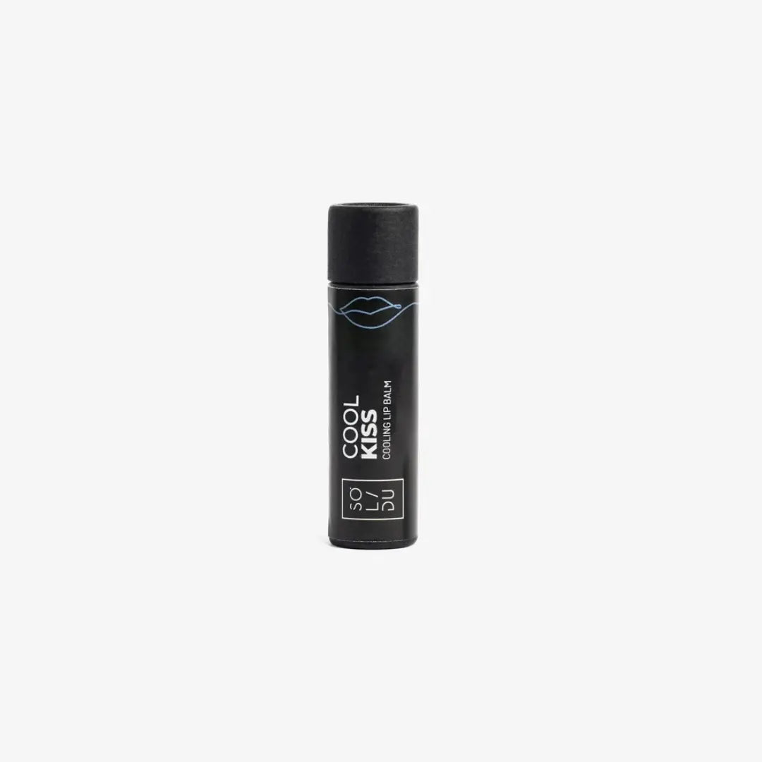 Black lip balm container with 'Cool Kiss' text on a white background