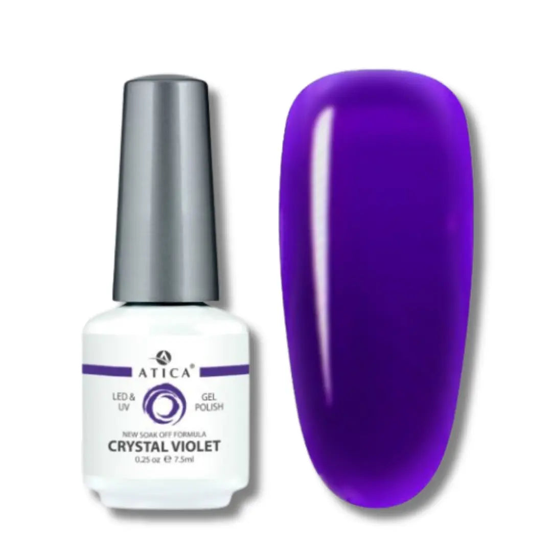 Atica Gel Polish in Crystal Violet – vibrant glossy purple gel polish bottle, 7.5ml

