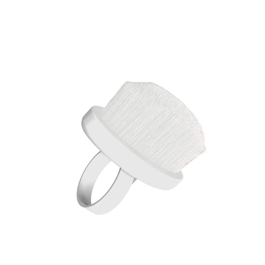Closeup of Staleks PRO finger ring dust brush showing soft synthetic bristles and ring handle