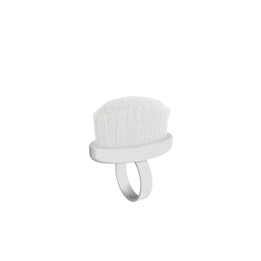 Closeup of Staleks PRO finger ring dust brush showing soft synthetic bristles and ring handle