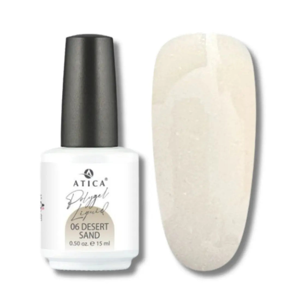 Atica Liquid Polygel Desert Sand 06 15ml – bottle and natural beige nail swatch.