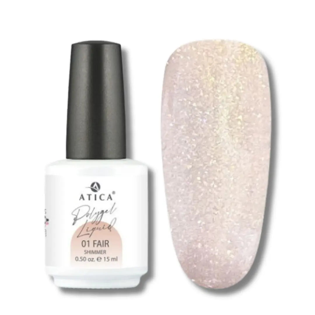Atica Liquid Polygel Fair 01 – shimmer polygel in 15ml tube, flexible and strengthening formula.