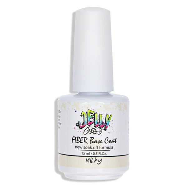 Jelly Gelly Fiber Base Coat Milky 15ml – a self-leveling, rubber-based base coat with glass fiber for superior adhesion and a flawless, polished appearance.