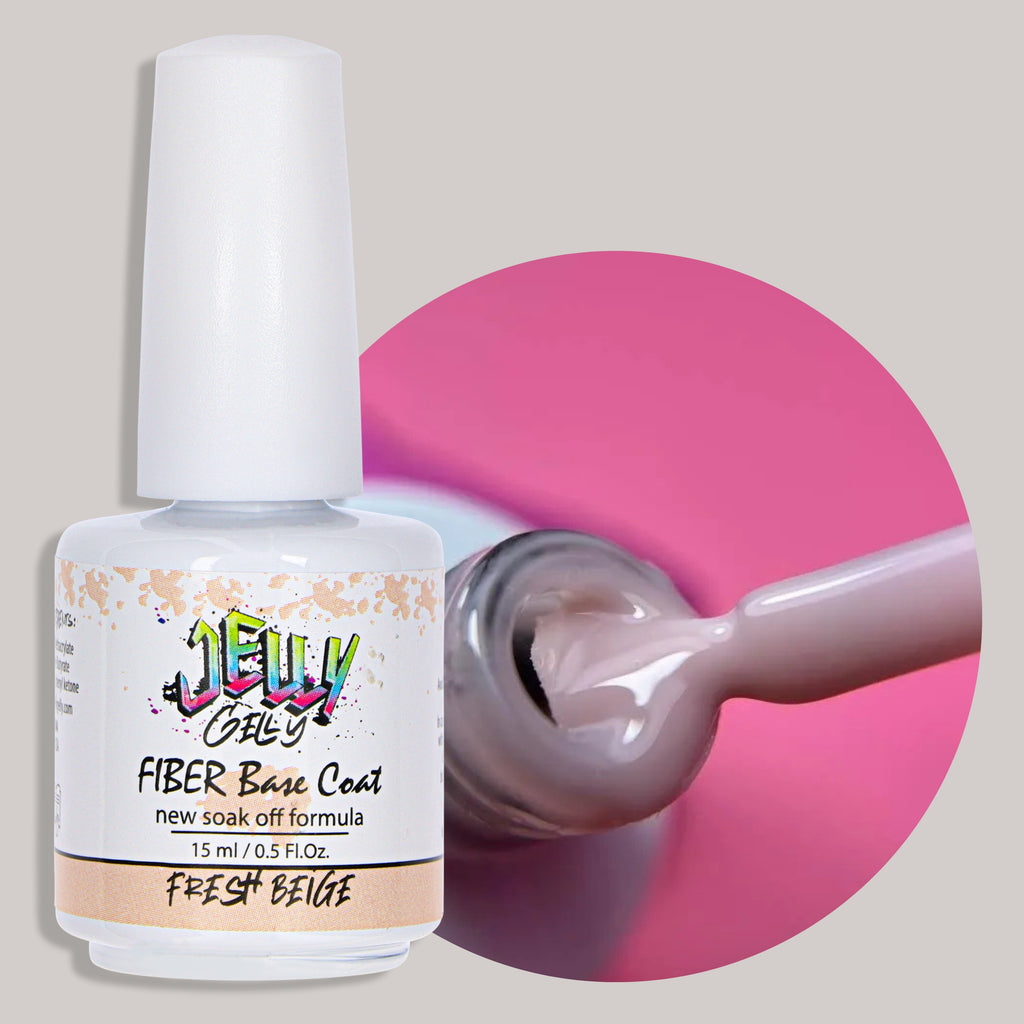 Jelly Gelly Fiber Base Coat Fresh Beige 15ml – a glass fiber-enriched base coat with a fresh beige tint, providing a flawless finish, strength, and excellent adhesion.
