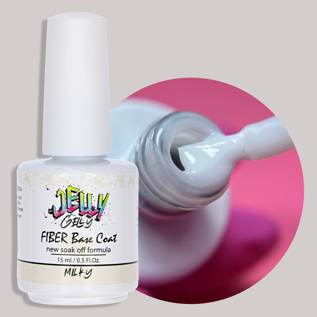 Jelly Gelly Fiber Base Coat Milky 15ml – a self-leveling, rubber-based base coat with glass fiber for superior adhesion and a flawless, polished appearance.