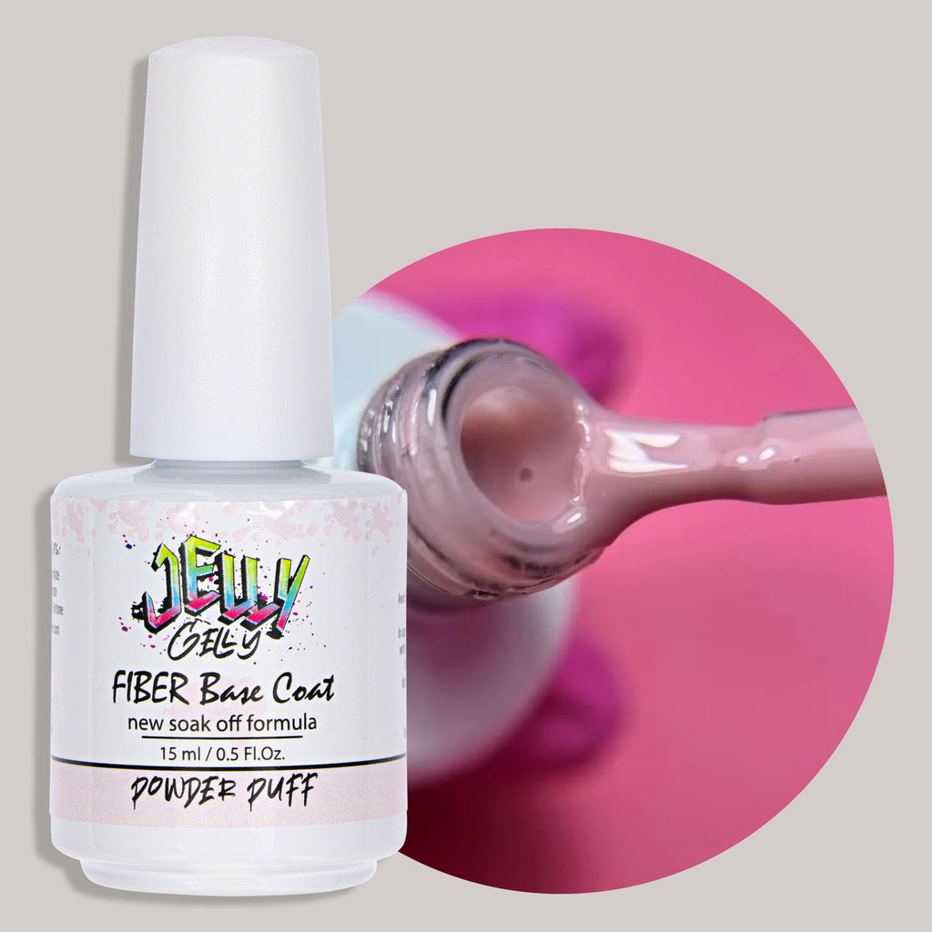Jelly Gelly Fiber Base Coat Powder Puff 15ml – a glass fiber-enriched base coat with a soft, powder puff hue, providing a flawless finish, strength, and excellent adhesion.