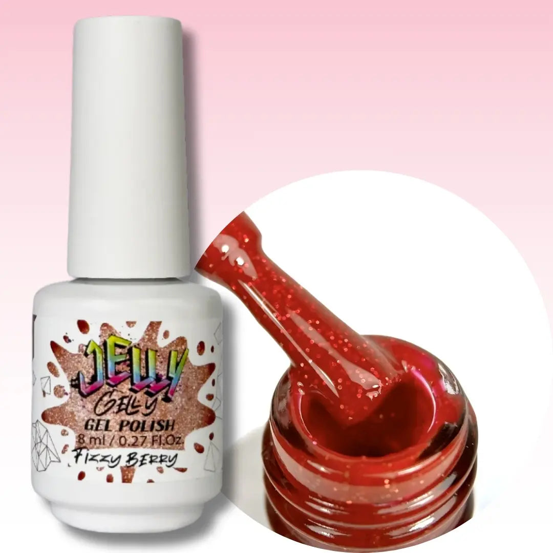 Jelly Gelly Gel Nail Polish in Fizzy Berry – sparkling red glitter gel polish bottle, 8ml