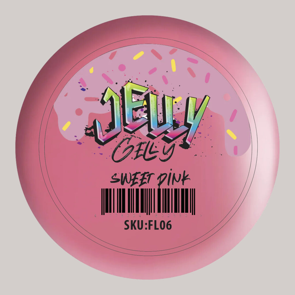 Jelly Gelly Self-Leveling Gel Fluffy Sweet Pink 40ml bottle. A viscous, sweet pink colored gel for nail sculpting, extensions, and strengthening.
