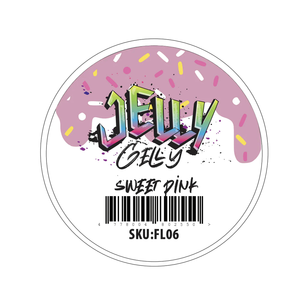 Jelly Gelly Self-Leveling Gel Fluffy Sweet Pink 40ml bottle. A viscous, sweet pink colored gel for nail sculpting, extensions, and strengthening.