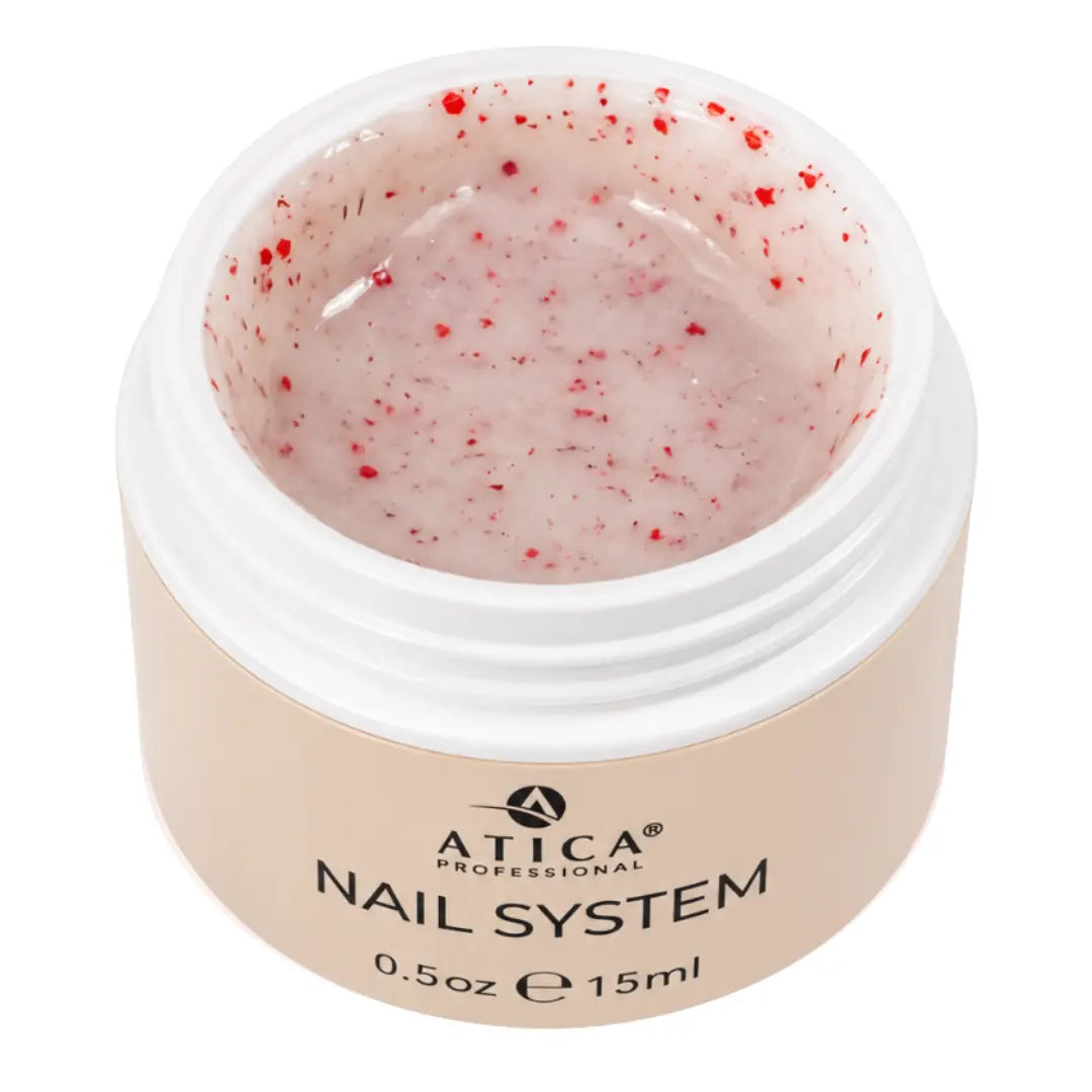 ATICA Floral Builder Gel 10 15ml bottle, milky pink builder gel with decorative floral petal inclusions