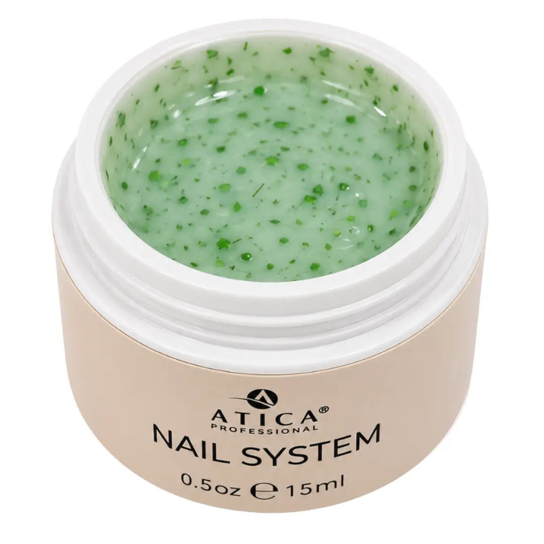 ATICA Floral Builder Gel 09 15ml bottle, milky-mint builder gel with decorative floral petal inclusions
