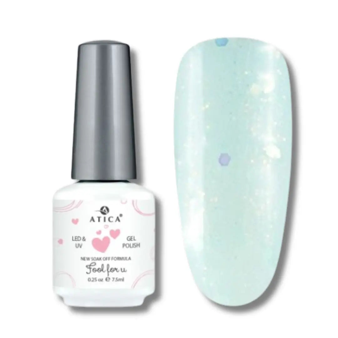 Atica FOOL FOR U Gel Polish WC10 – pastel mint shimmer gel polish with flakes, 7.5ml.