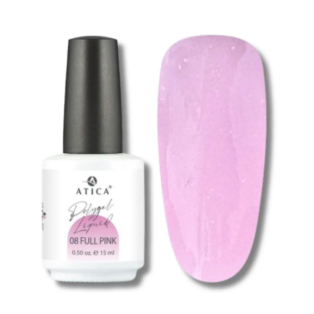 Atica Liquid Polygel Full Pink 08 15ml – bottle with vivid pink nail swatch.