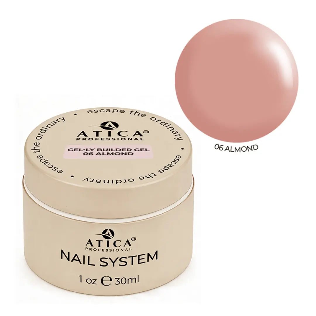 Atica Nail System gel-ly builder gel with almond color swatch on a white background