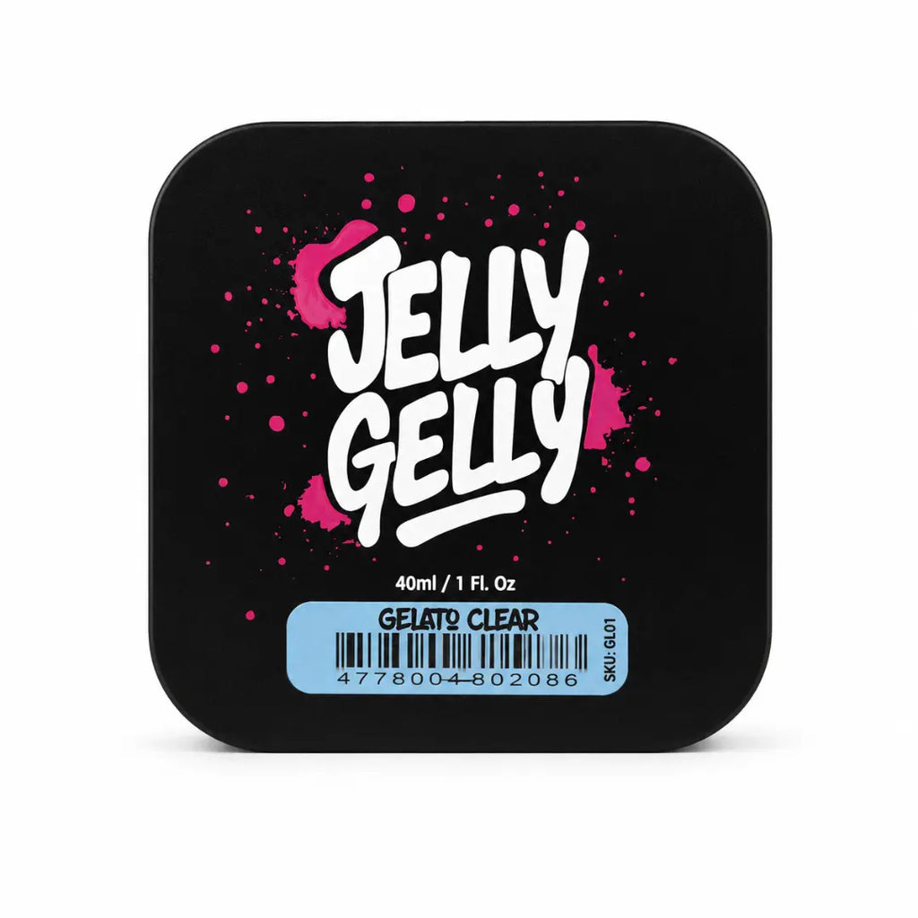 Black container with 'Jelly Gelly' branding on a white background