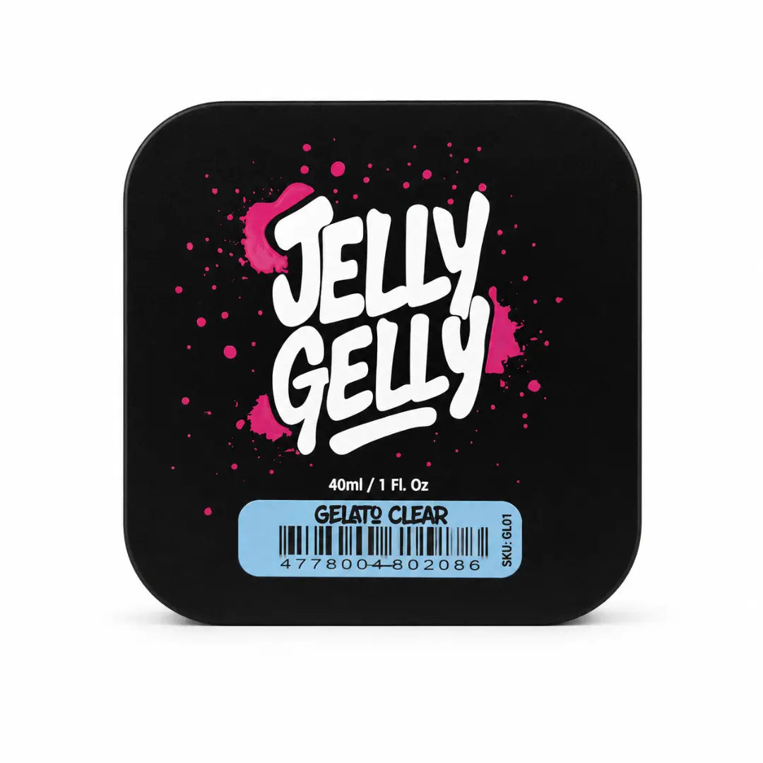 Black container with 'Jelly Gelly' branding on a white background