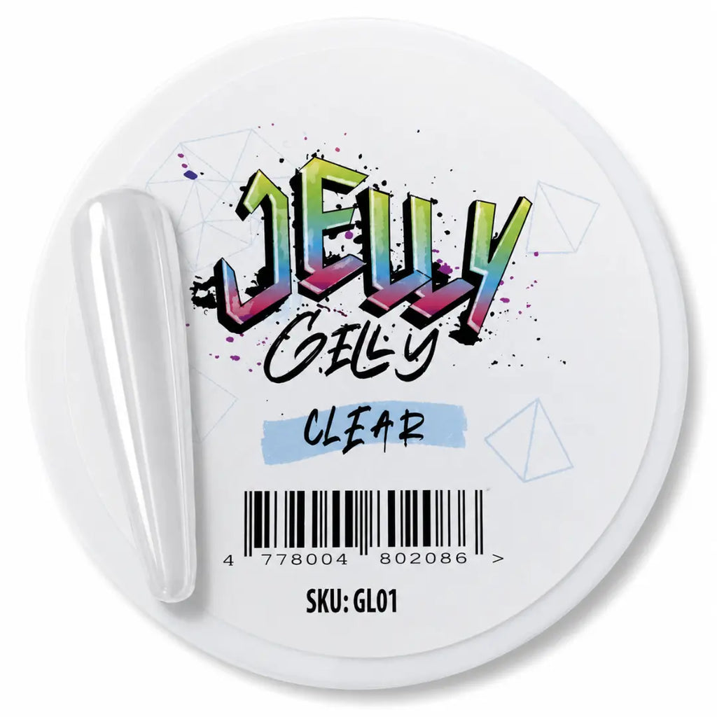 Jelly Gelly clear container with colorful text on a white background