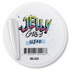 Jelly Gelly clear container with colorful text on a white background
