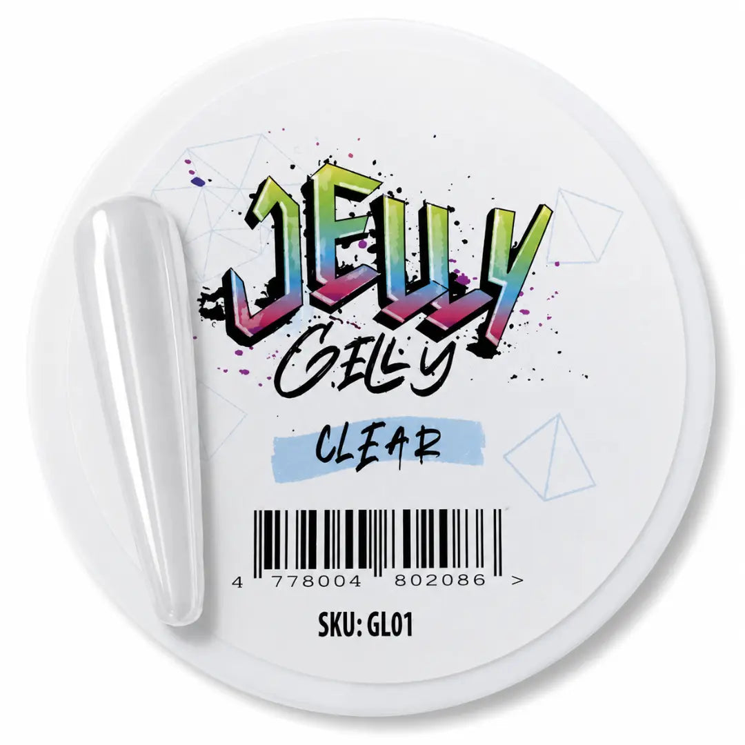 Jelly Gelly clear container with colorful text on a white background