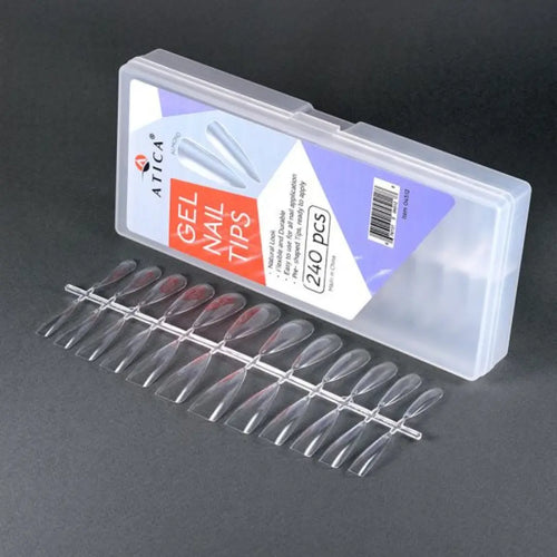 ATICA Gel Nail Tips – 240 pcs · Almond-shaped gel extension tips in 12 sizes for professional use.