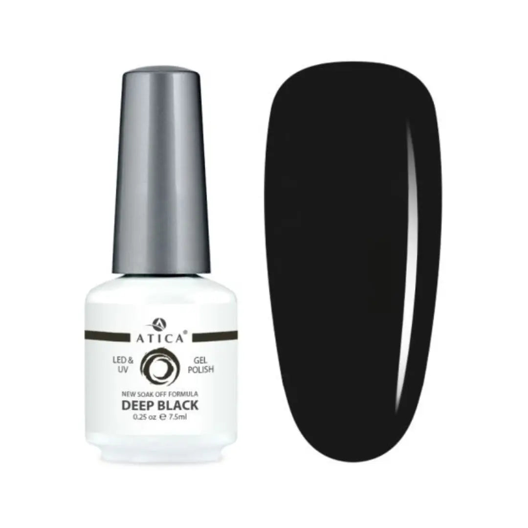 Atica Deep Black GPM02 – ultra-pigmented black gel polish with glossy finish, smooth application and long-lasting durability. 7.5ml.