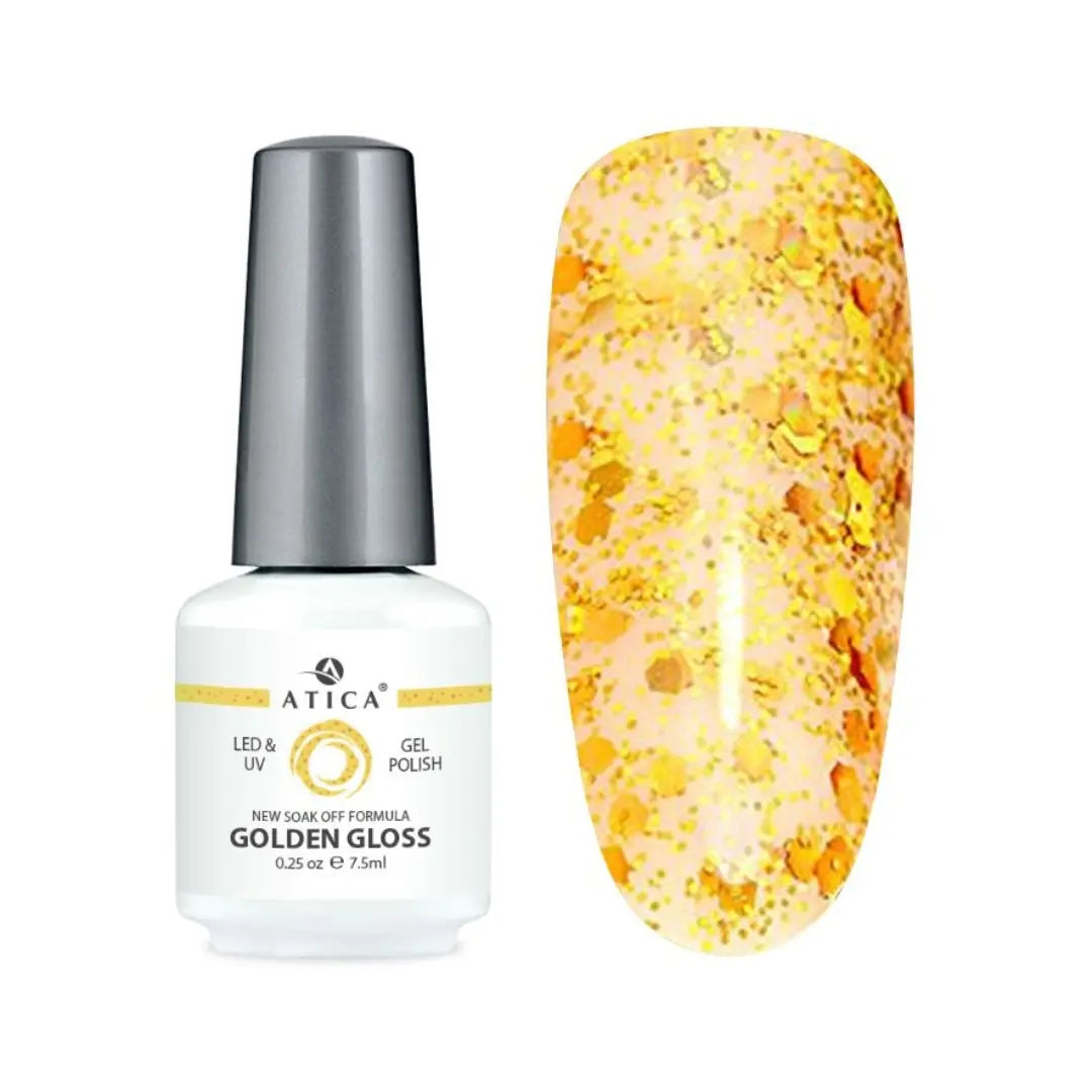 Atica Gel Polish – Golden Gloss GPM120 7.5ml Gold Flake Glitter Overlay