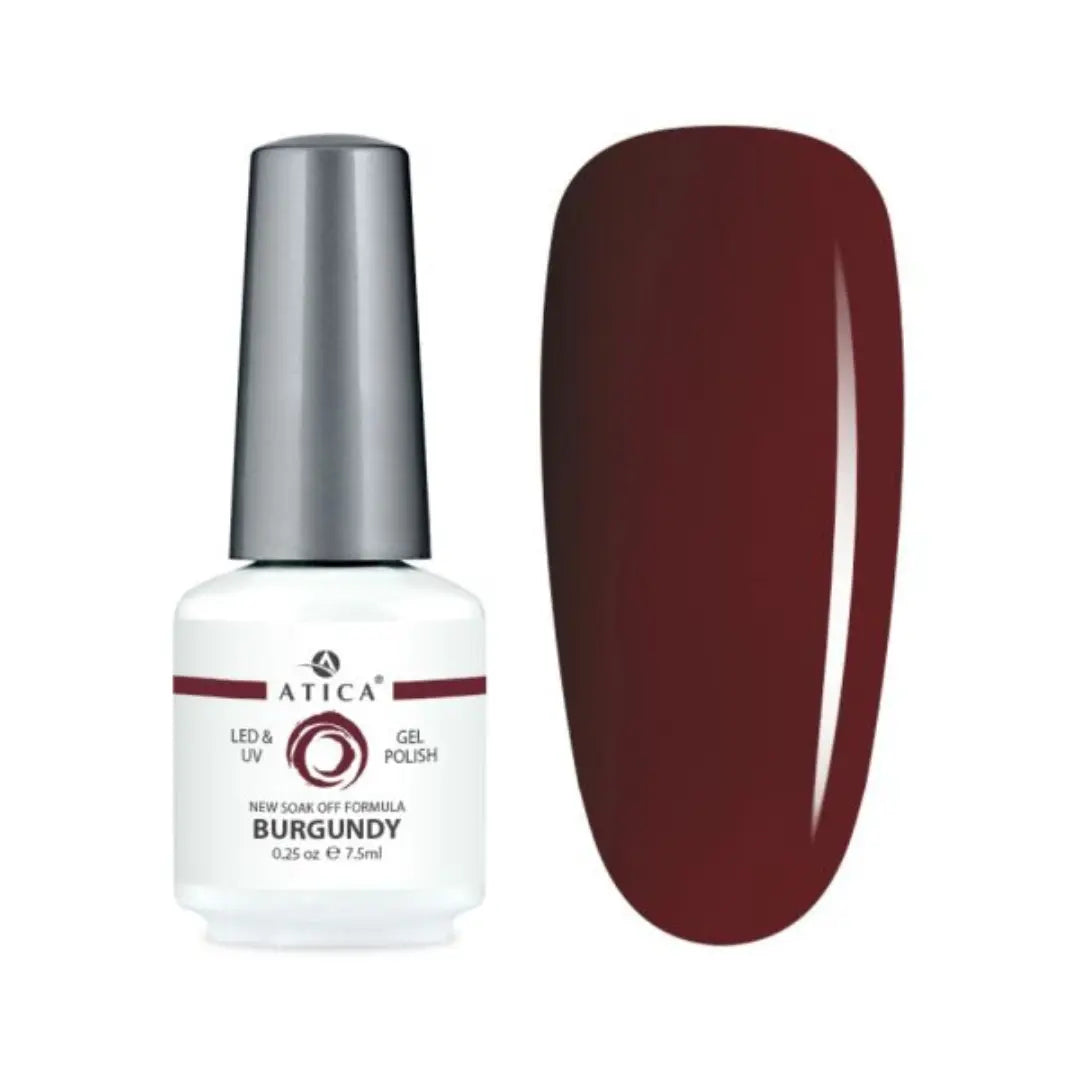 Atica Burgundy gel polish bottle and a swatch of burgundy color on a white background