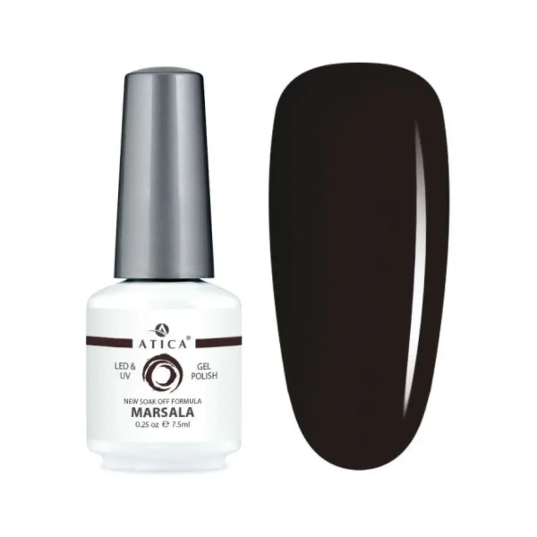 Atica Marsala gel polish bottle and swatch on a white background