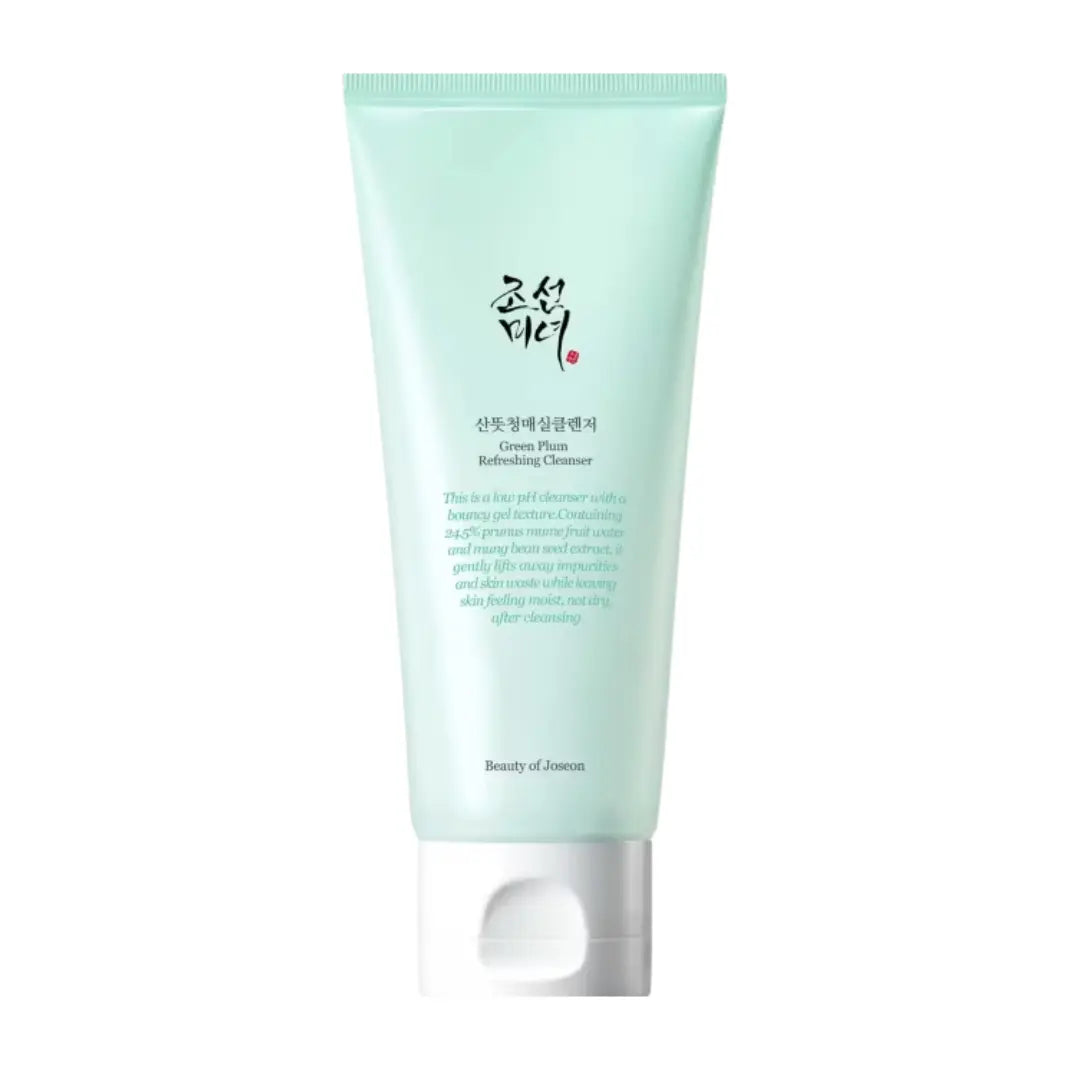Beauty of Joseon Green Plum Refreshing Cleanser 100ml bottle with plum leaf illustration showing clear low pH gel texture