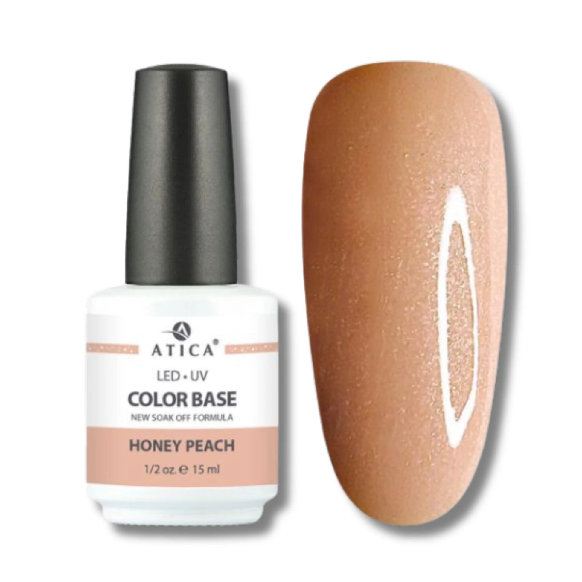 Atica Rubber Base Coat Honey Peach 15 ml – warm peach-toned base with golden shimmer finish