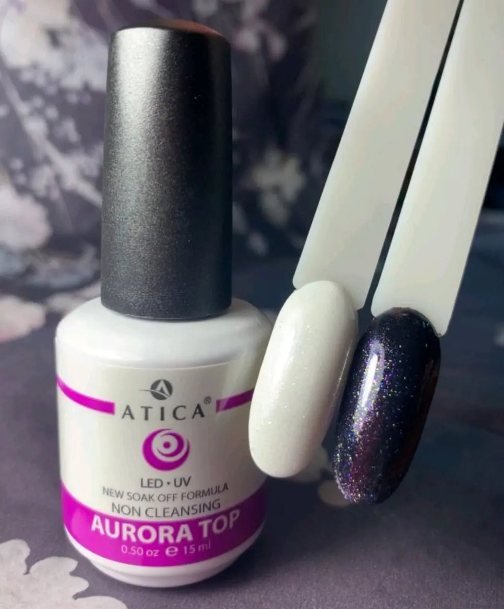 Aurora Holographic Top Coat 15 ml – no-wipe gel top coat with multicoloured shimmer

