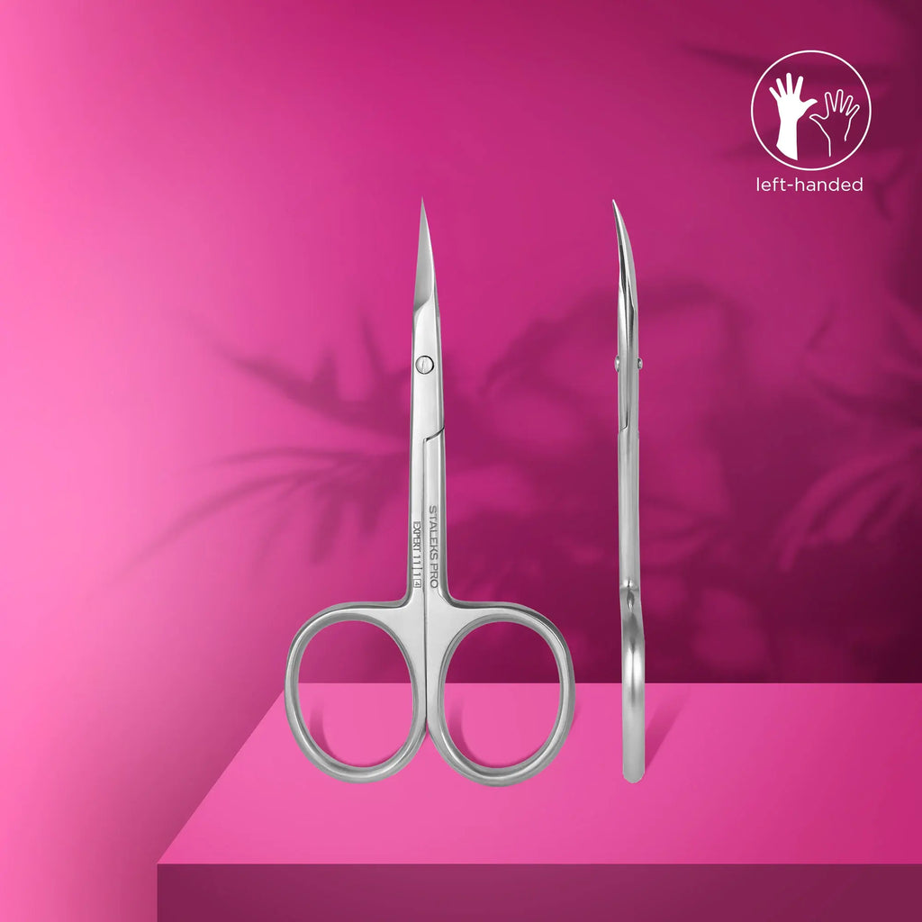 Left-handed scissor blades closeup, manual sharpening