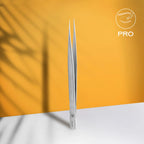 Straight thin tweezer tip closeup with ergonomic handle grooves