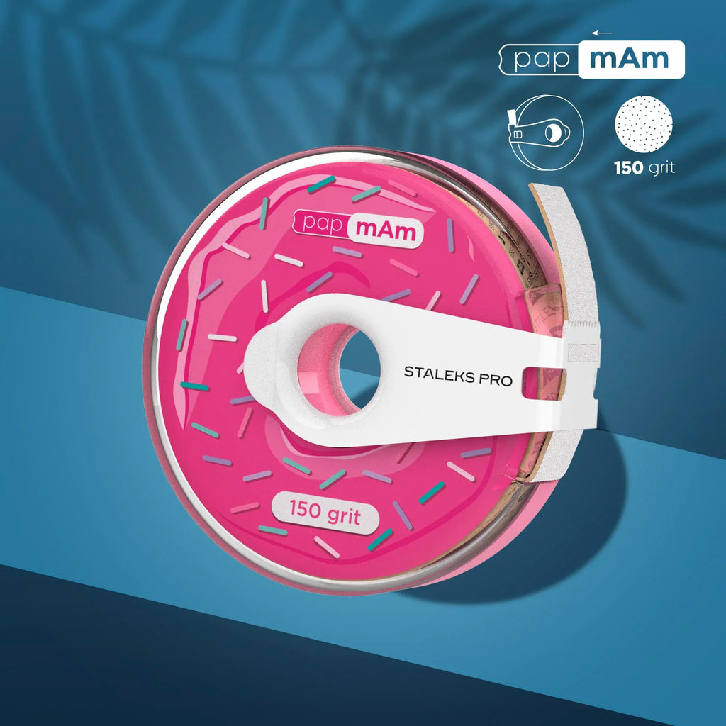 White abrasive nail file tape in a plastic case for professional use.
