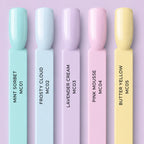Five pastel-colored tubes with labels on a light purple background