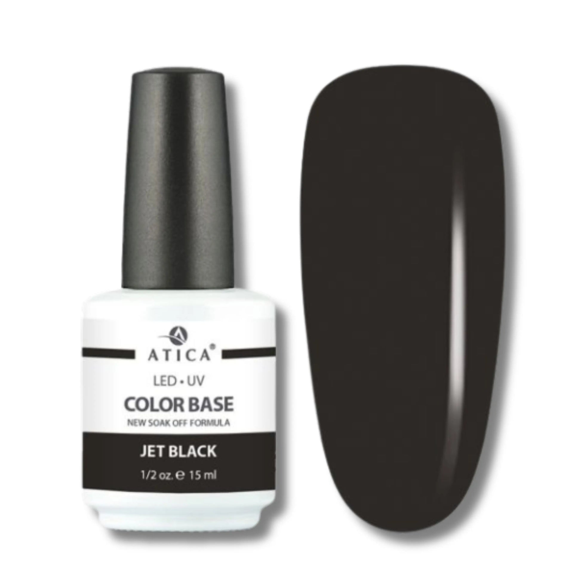 Atica Rubber Base Coat Jet Black 15 ml – deep pigmented black rubber base with high-gloss finish