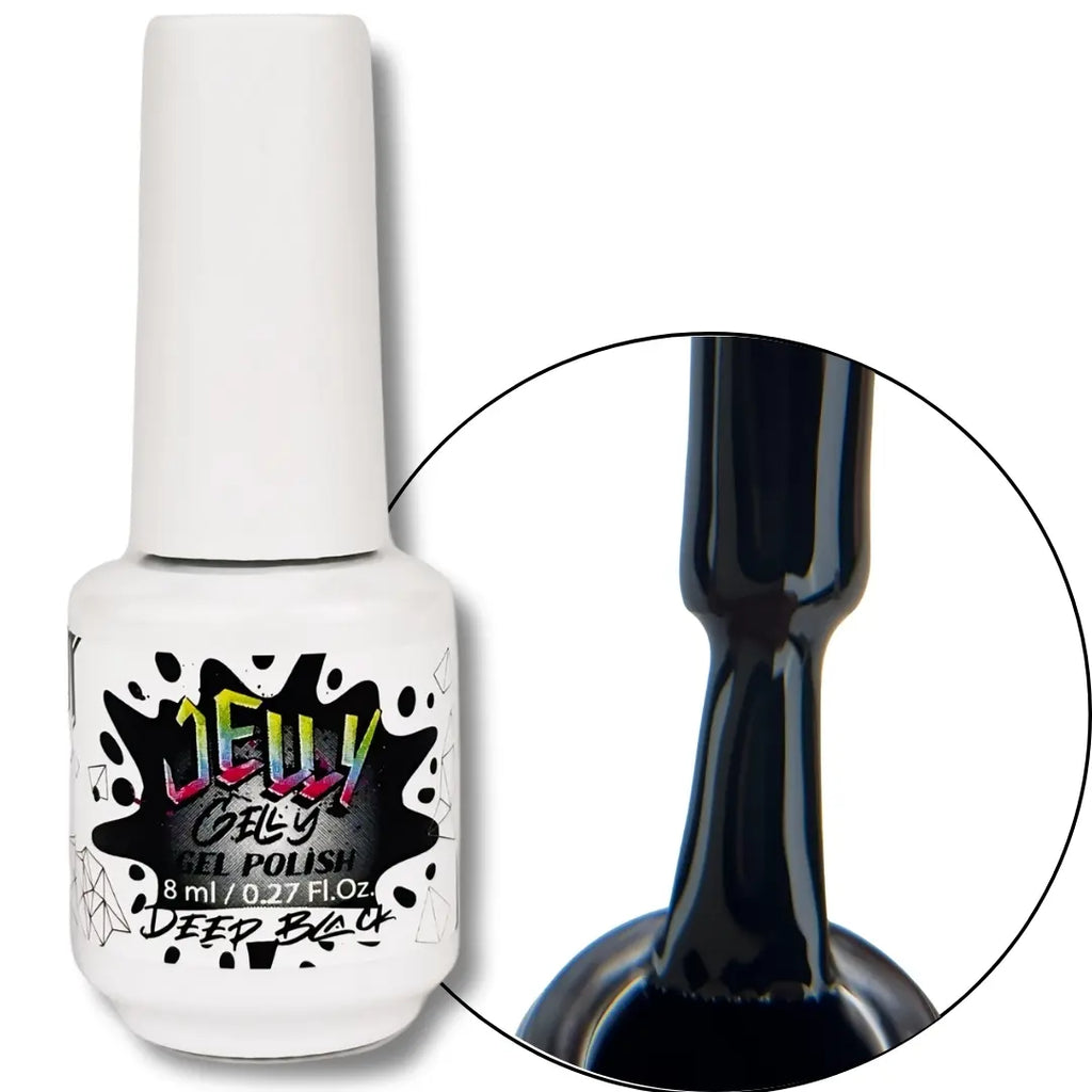 Nail gel polish bottle with a close-up of the black gel on a white background