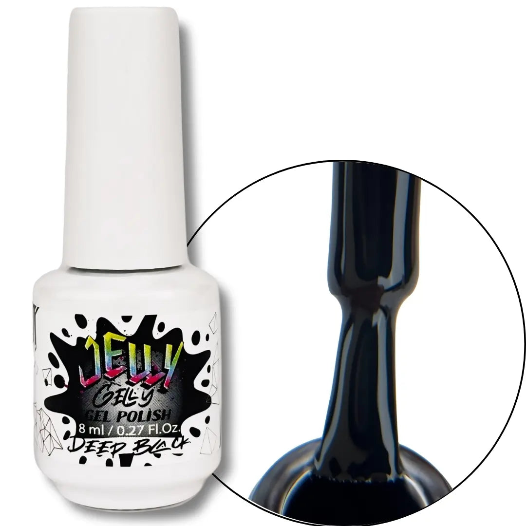 Nail gel polish bottle with a close-up of the black gel on a white background
