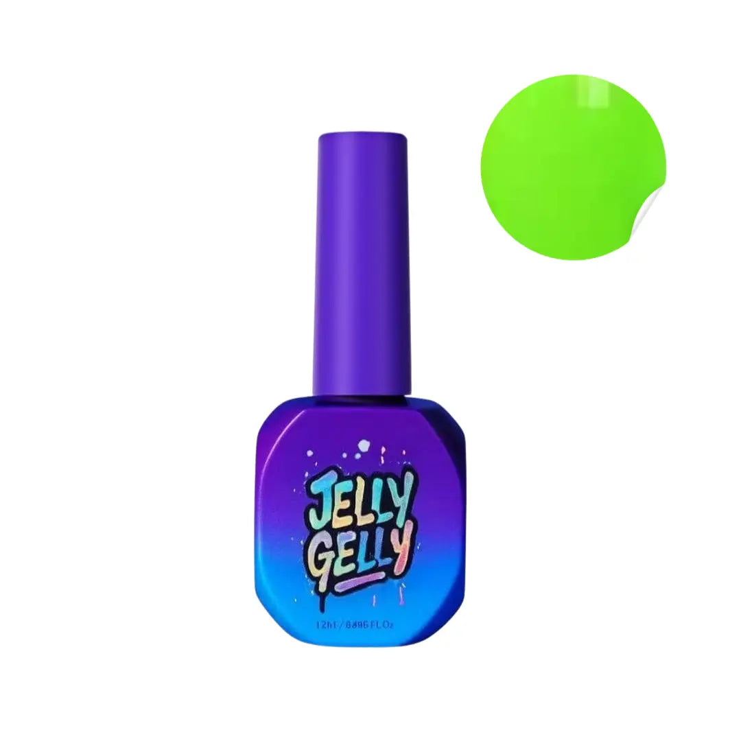 Jelly Gelly nail polish bottle with a green color swatch on a white background