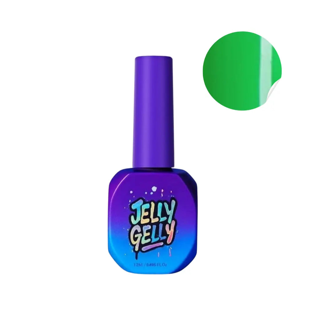 Jelly Gelly nail polish bottle with green color swatch on a white background
