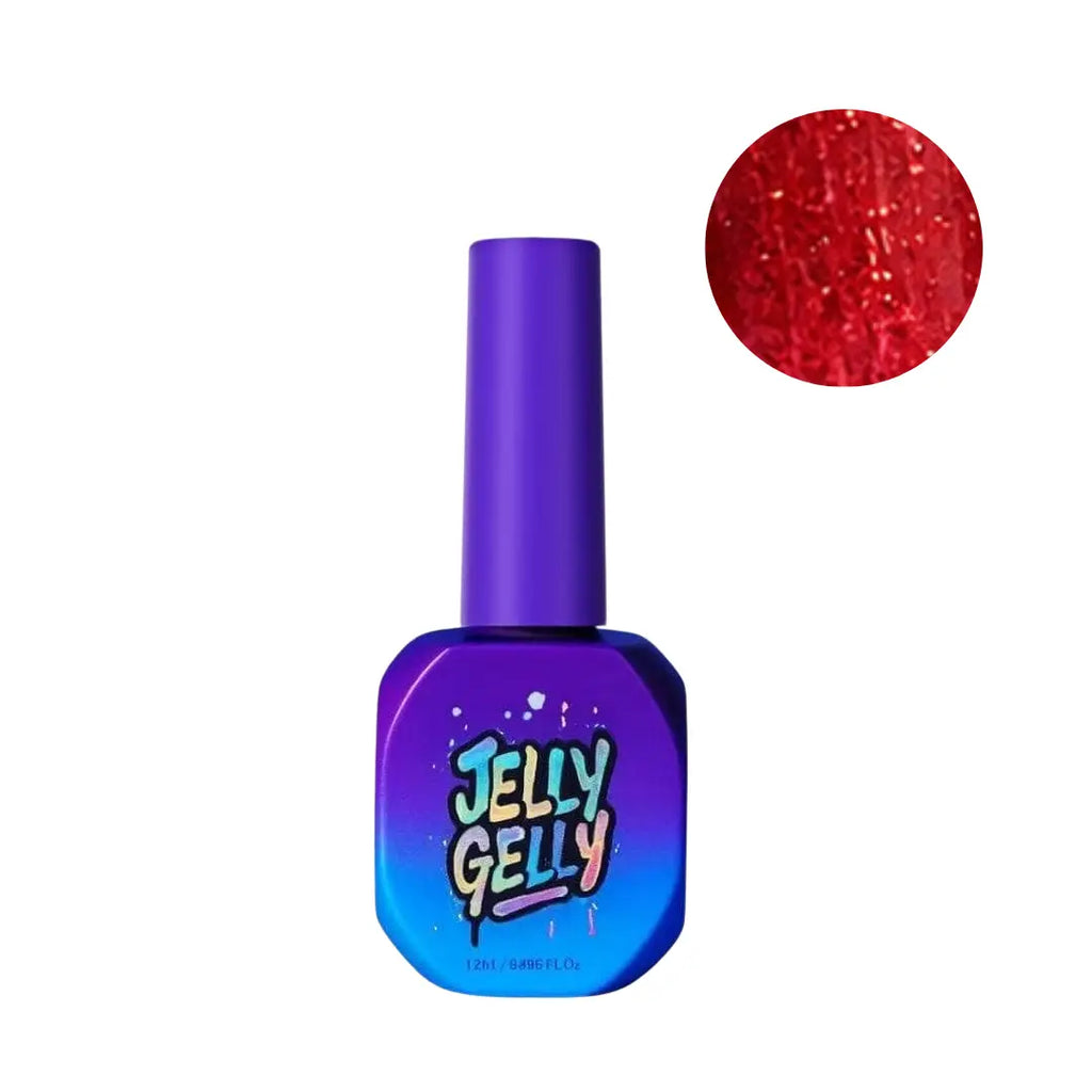 Jelly Gelly Gel Polish Scarlet Stardust 12ml bottle, HEMA-free vivid scarlet red gel polish