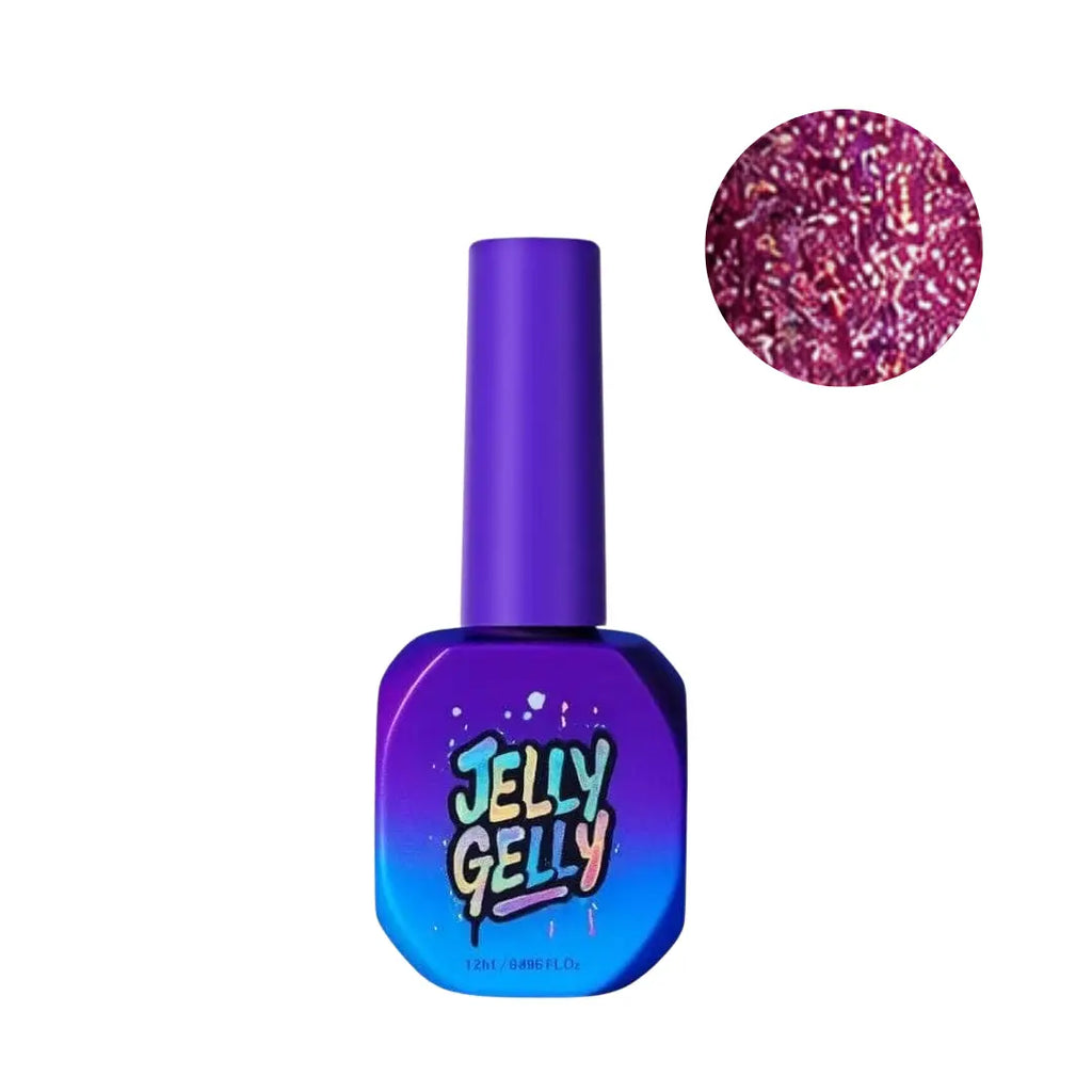 Jelly Gelly Gel Polish Disco Blossom 12ml bottle, HEMA-free vivid pink shimmer gel polish