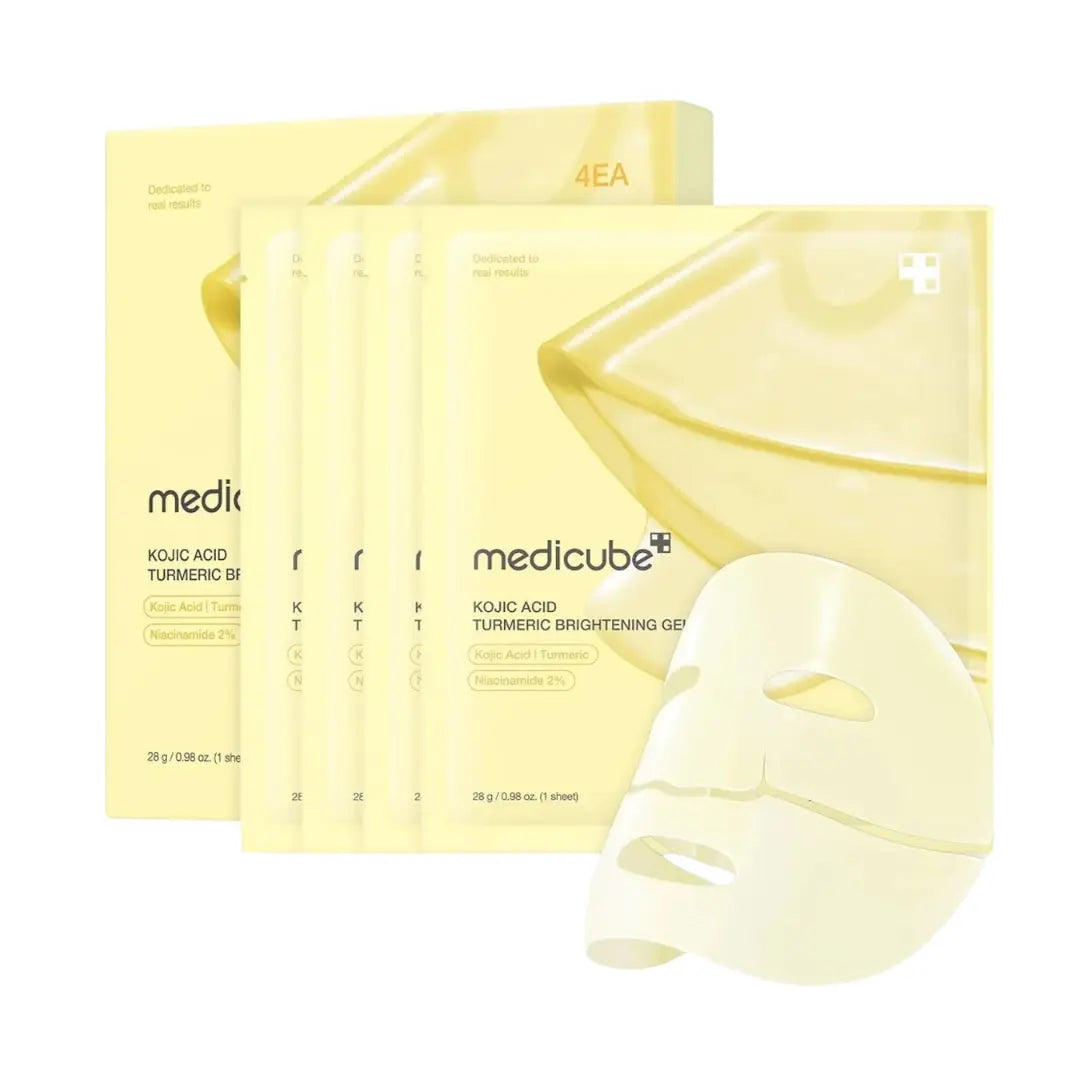 Medicube Kojic Acid Turmeric Brightening Gel Mask 4 pack box showing professional hydrogel sheet masks