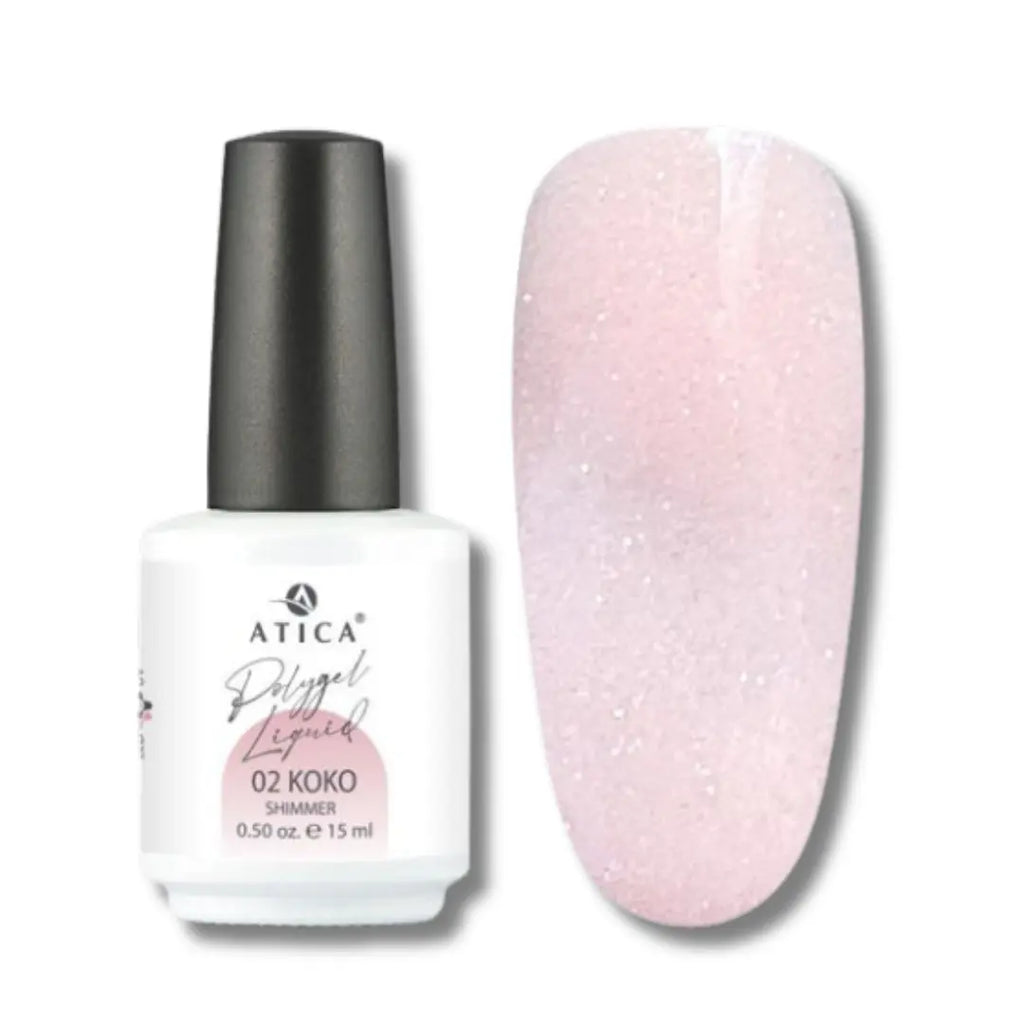 Atica Liquid Polygel Koko 02 Shimmer 15ml – bottle and shimmering pink nail swatch.