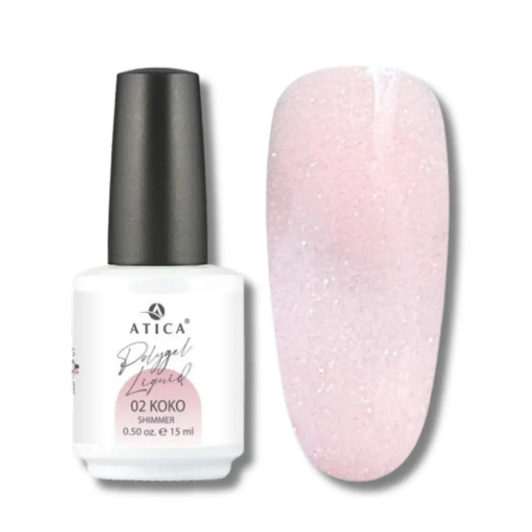 Atica Liquid Polygel Koko 02 Shimmer 15ml – bottle and shimmering pink nail swatch.