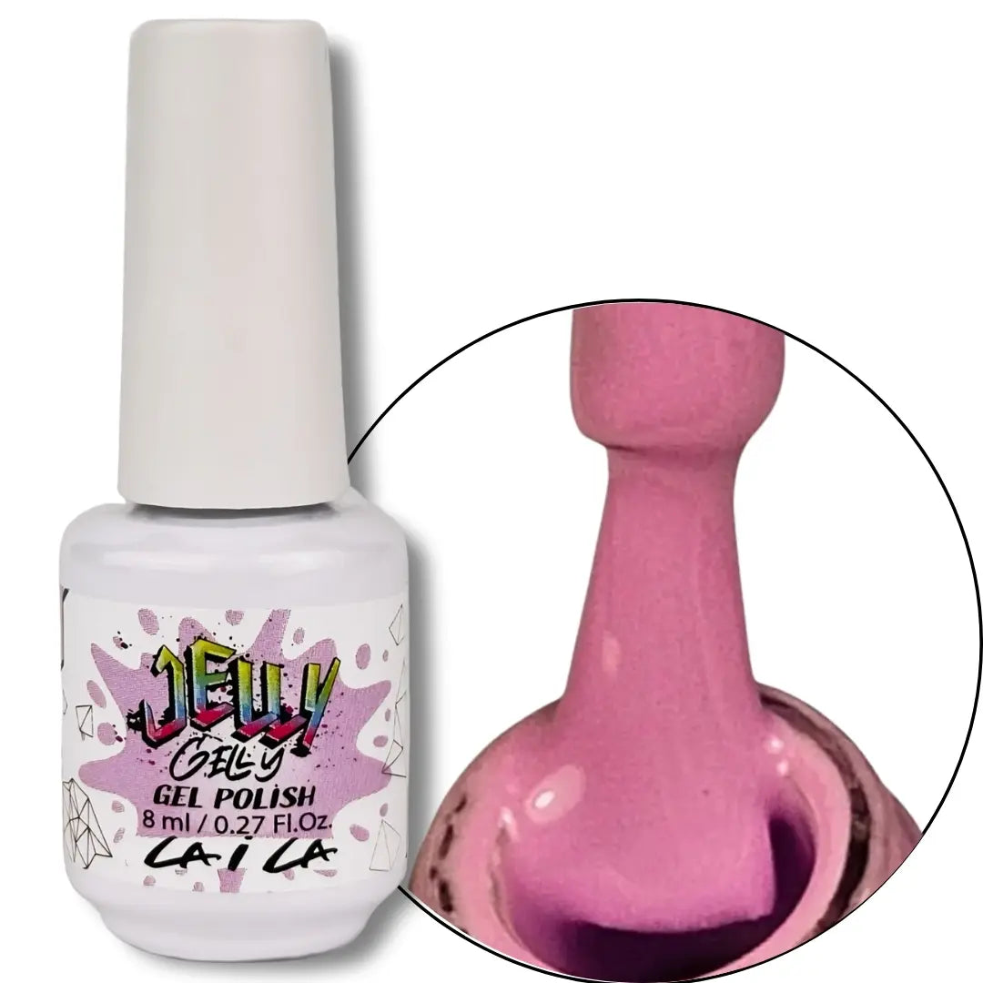 Jelly Gel Polish bottle with a close-up of pink nail polish on a white background