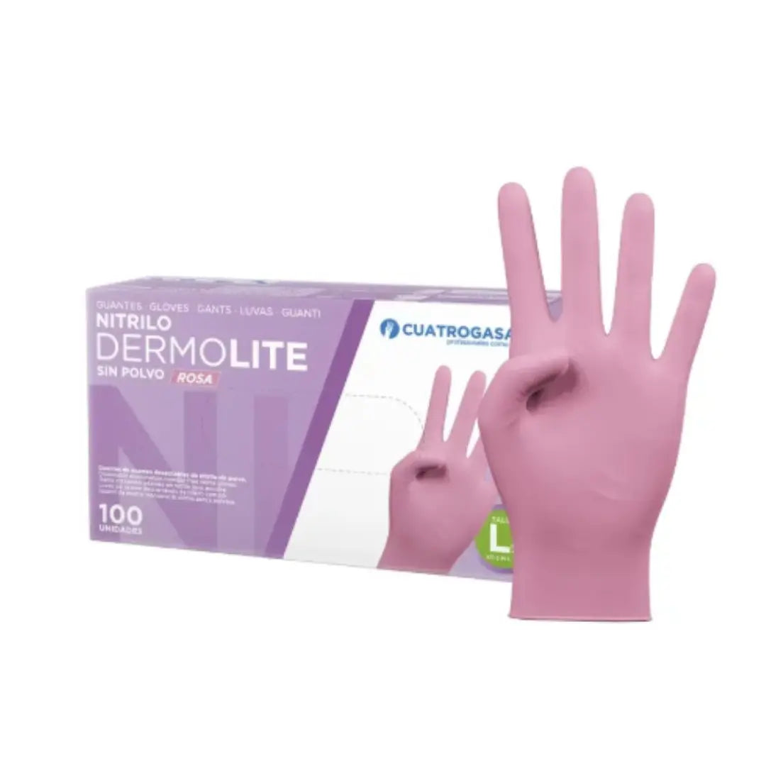 Cuatrogasa Dermolite pink nitrile gloves – S, M, L sizes – box of 100 powder-free gloves