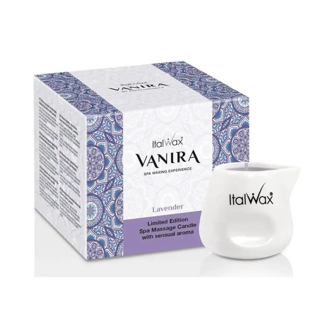 Vanira Aromatic Candle with lavender scent, made from natural oils, ideal for skin care and relaxation.