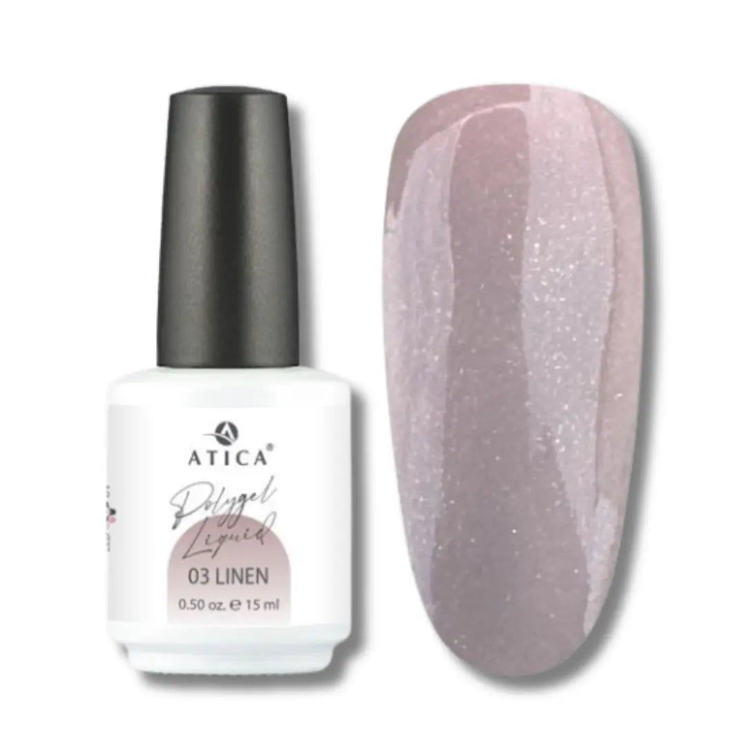 Atica Liquid Polygel Linen 03 Shimmer 15ml – bottle and shimmering taupe nail swatch.